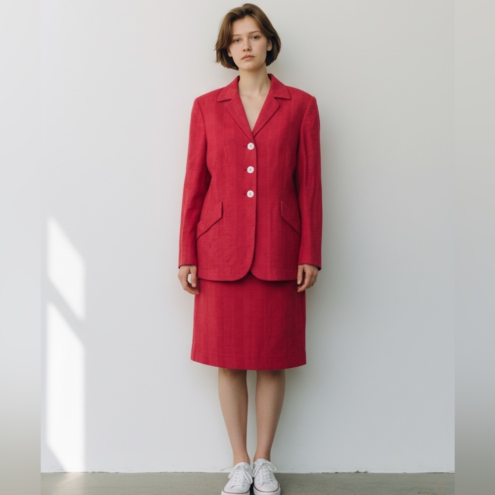 Vintage Red Plaid‎ Suit Set Blazer Skirt Two Piece Outfit Womens Size 10